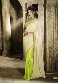 Cream & Lime Green Most Elegant Designer Saree