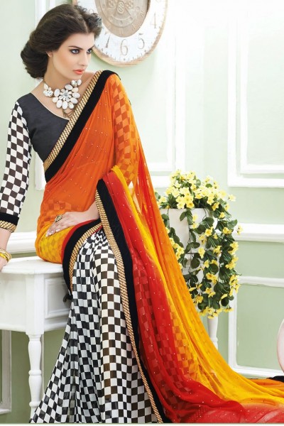 Orange Black & White Festive Designer Georgette Saree 1