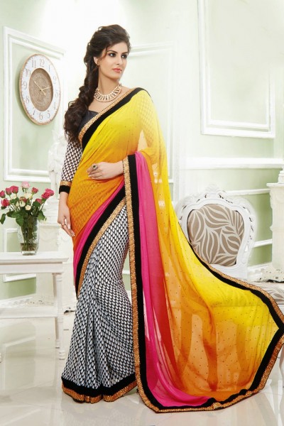 Orange Black & White Festive Designer Georgette Saree 1