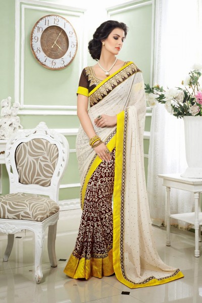 White Brown & Yellow Festive Designer Georgette Saree 1