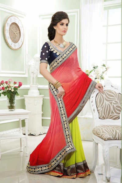 Pink Yellow & Blue Festive Designer Georgette Saree 1