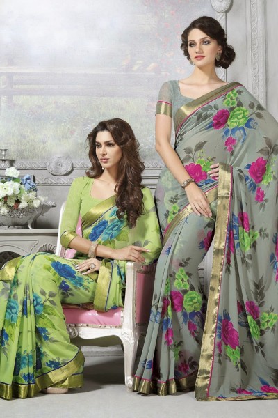 Green & Grey Floral Print  Designer Georgette Saree 1