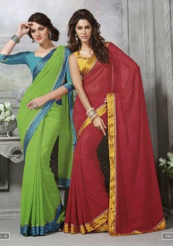 Green with Blue & Red with Yellow Designer Georgette Saree