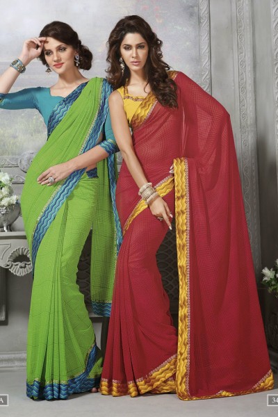 Green with Blue & Red with Yellow Designer Georgette Saree 1