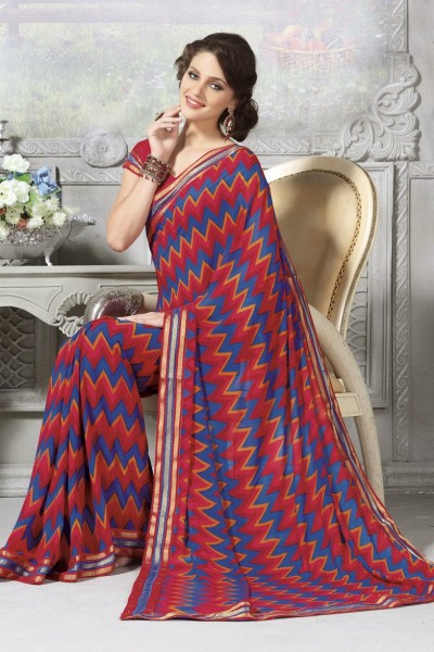 Red & Blue Designer Georgette Saree 1