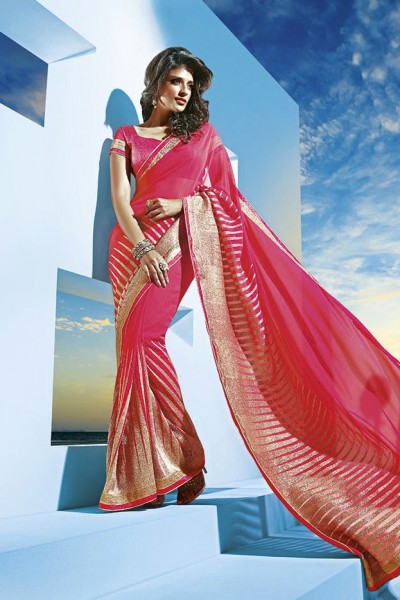 Pink with Gold Festive Designer Georgette Saree 1