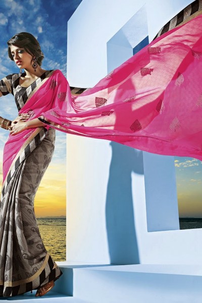 Grey & Pink Festive Designer Georgette Saree 1