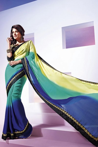 Teal, Blue & Yellow Festive Designer Georgette Saree 1