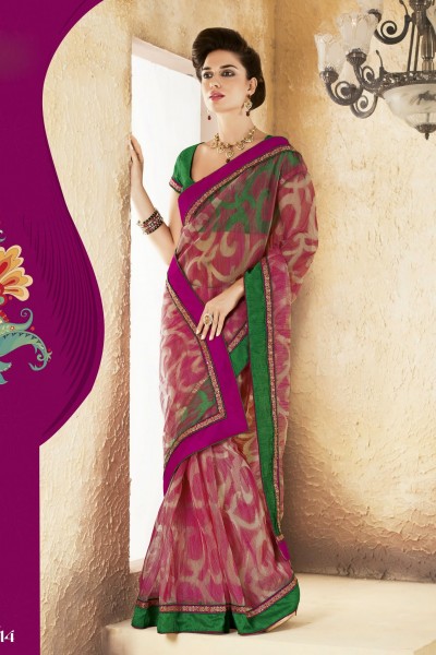 Green & Pink Tissue Kora Designer Saree 1