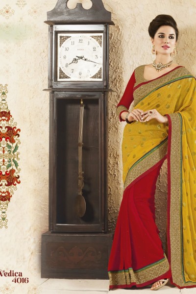 Yellow & Red Party Wear Georgette Saree 1