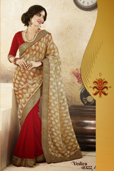 Red & Beige Party Wear Georgette Saree 1