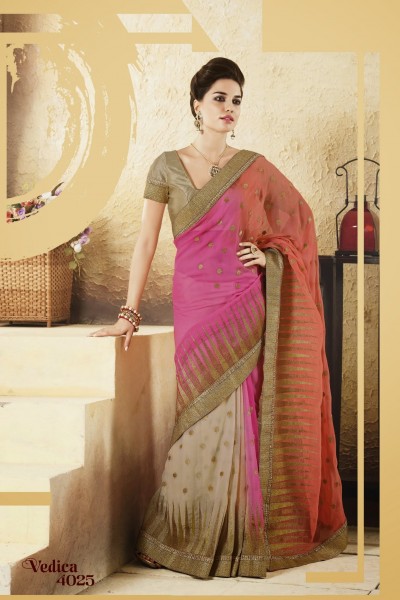 Pink & Peach with Beige Georgette Saree 1