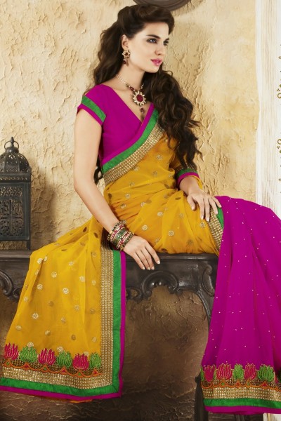 Yellow & Purple Embroidered Georgette Saree 1