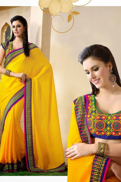 Yellow Embroidered Festive Designer Saree 1