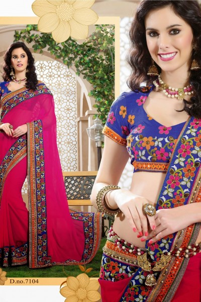 Magenta & Blue Embroidered Festive Designer Saree 1