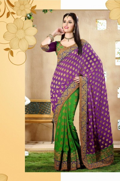 Green & Purple Festivie Designer Georgette Saree 1