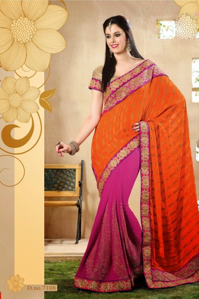 Magenta & Orange Designer Georgette Saree 1