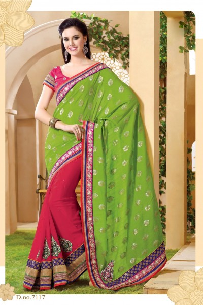 Pink & Green Designer Lehenga Saree 1