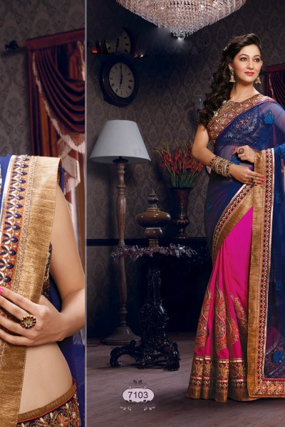 Magenta & Dark Blue Designer Saree 1