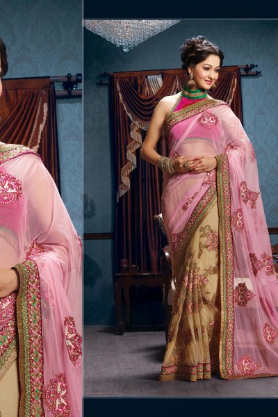 Pink & Beige Embroided Designer Saree 1