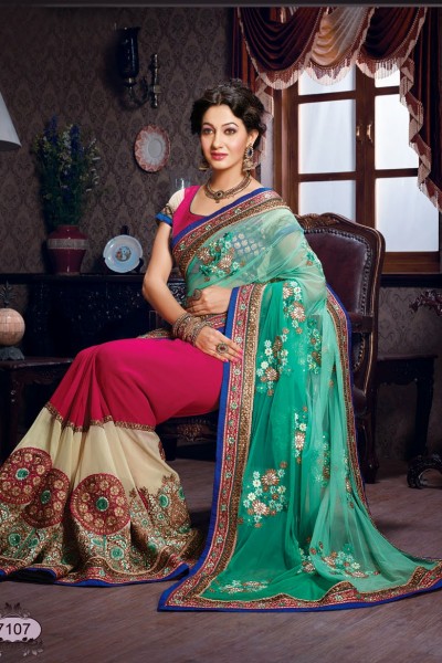 Pink & Blue Embroided Designer Saree 1