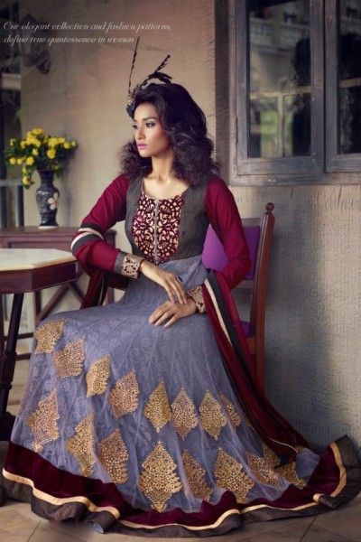 Grey & Maroon Charming Diva Long Anarkali Designer Party-Wear 1