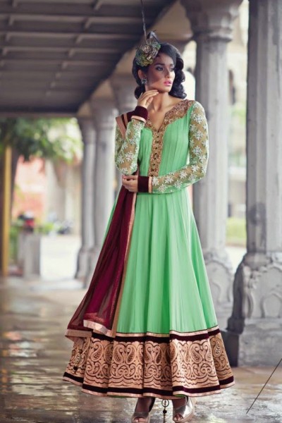 Light Green Velvet Charming Diva Long Anarkali Designer Party-Wear 1