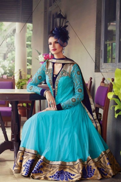 Light Blue & Beige Charming Diva Long Anarkali Designer Party-Wear 1