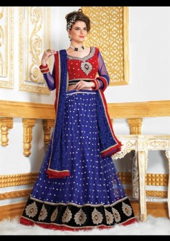Wonderful Red & Blue Net Lehenga Choli With Sequins Work