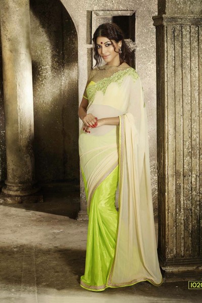 Cream & Lime Green Most Elegant Designer Saree 1