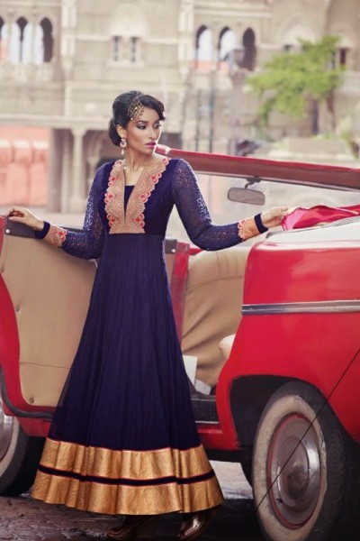 Navy Blue & Gold Charming Diva Long Anarkali Designer Party-Wear 1