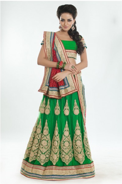 Stunning Green & Red Dual Fabric Lehenga Choli 1