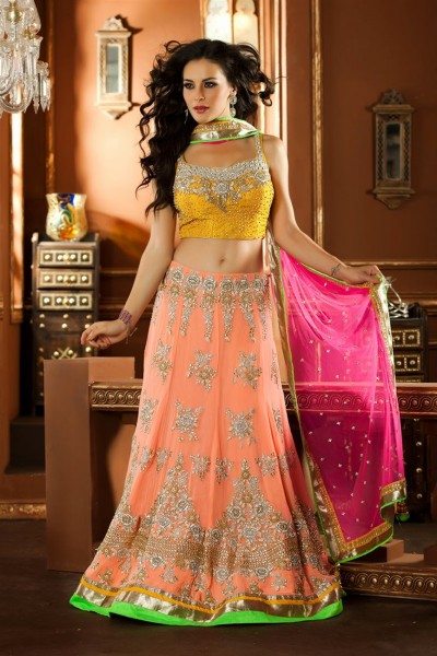 Wonderful Peach & Pink Bridal Wear Lehenga Choli 1