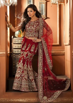 Pretty Red Color Lehenga Choli In Velvet With Fancy Work