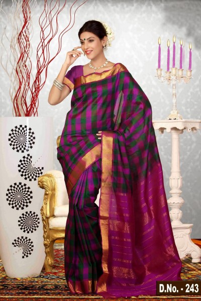 Purple & Green Pure Silk Cotton Saree 1