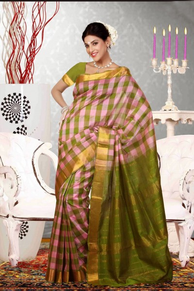 Pink & Green Pure Silk Cotton Saree 1