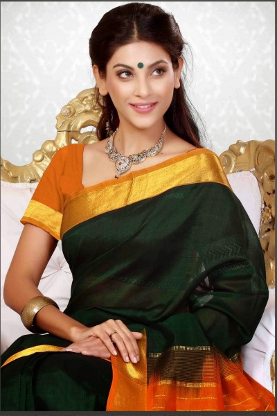 Green & Orange Pure Silk Cotton Saree