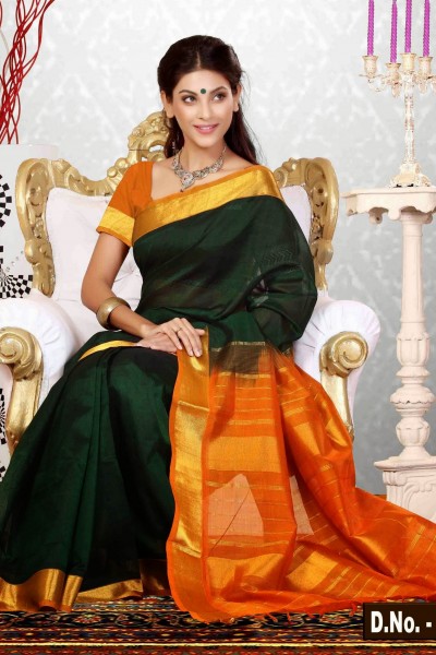 Green & Orange Pure Silk Cotton Saree 1