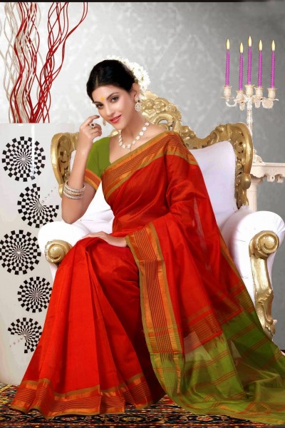 Orange & Green Pure Silk Cotton Saree