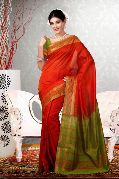 Orange & Green Pure Silk Cotton Saree 1