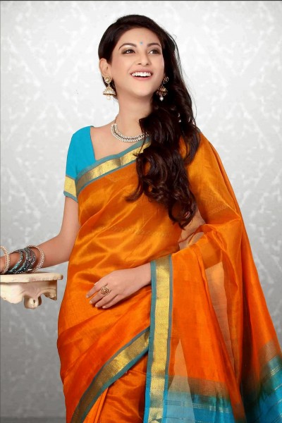 Orange & Light Pure Blue Silk Cotton Saree