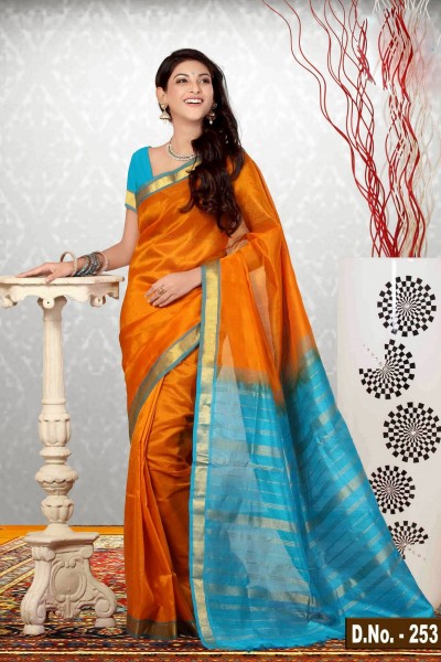 Orange & Light Pure Blue Silk Cotton Saree 1