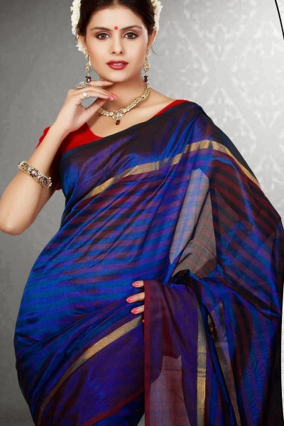 Blue & Red Pure Silk Cotton Saree 1