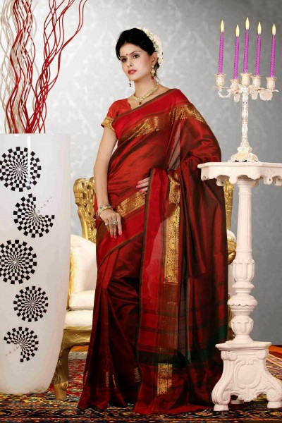 Red & Green Pure Silk Cotton Saree 1