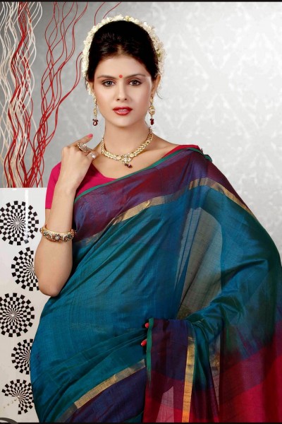 Blue & Magenta Pure Silk Cotton Saree