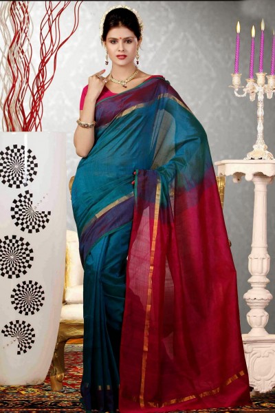 Blue & Magenta Pure Silk Cotton Saree 1