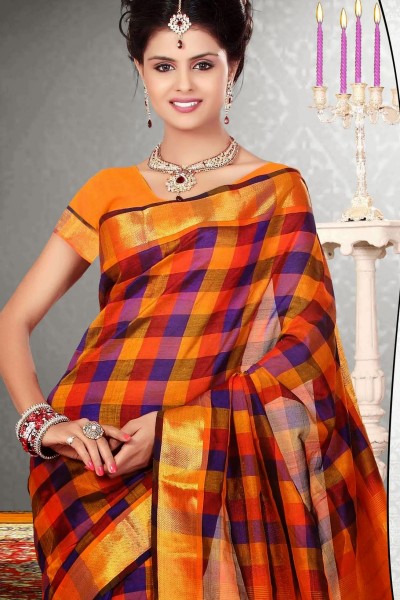 Orange & Purple Pure Silk Cotton Saree