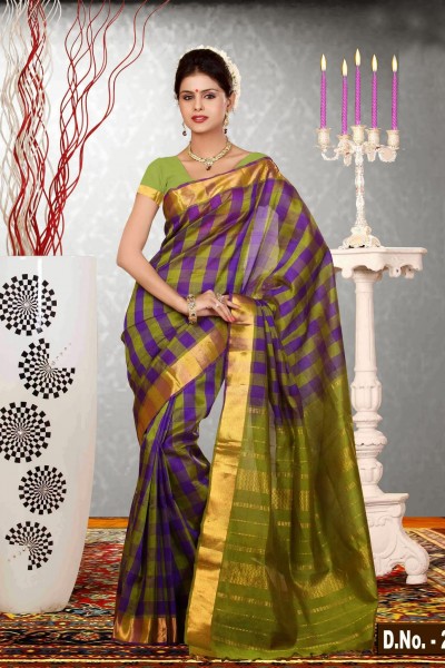 Purple & Green Pure Silk Cotton Saree 1