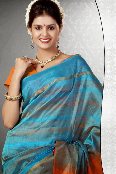 Orange & Blue Pure Silk Cotton Saree