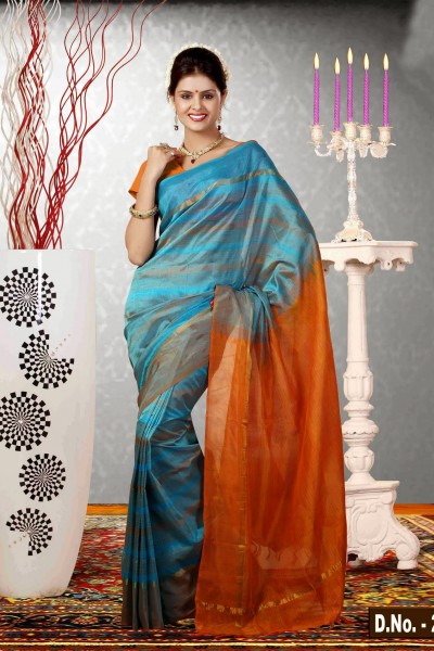 Orange & Blue Pure Silk Cotton Saree 1